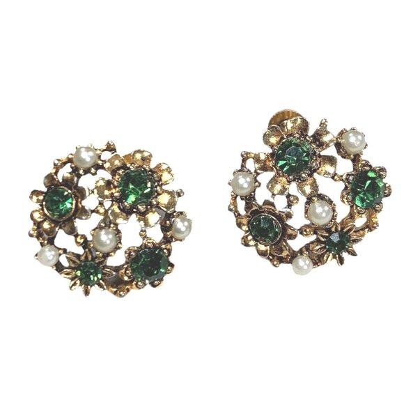 Vintage Lisner Gold Tone Green Faux Pearl Screw Back Earrings Jewelry Signed - Picture 2 of 5
